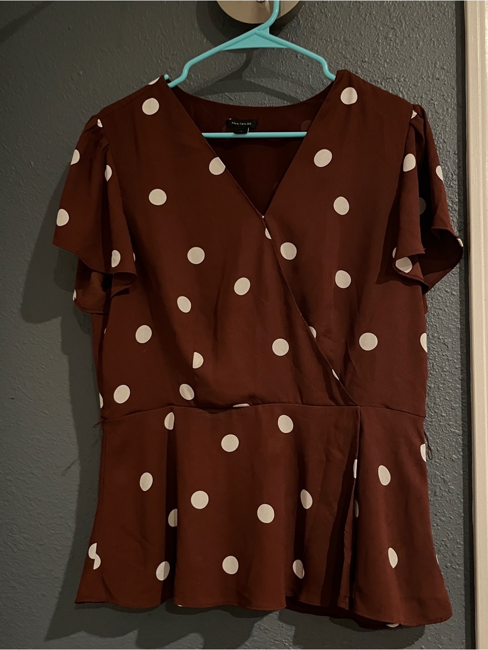 Ann Taylor Rust Brown Polka Dot Wrap Peplum Blouse